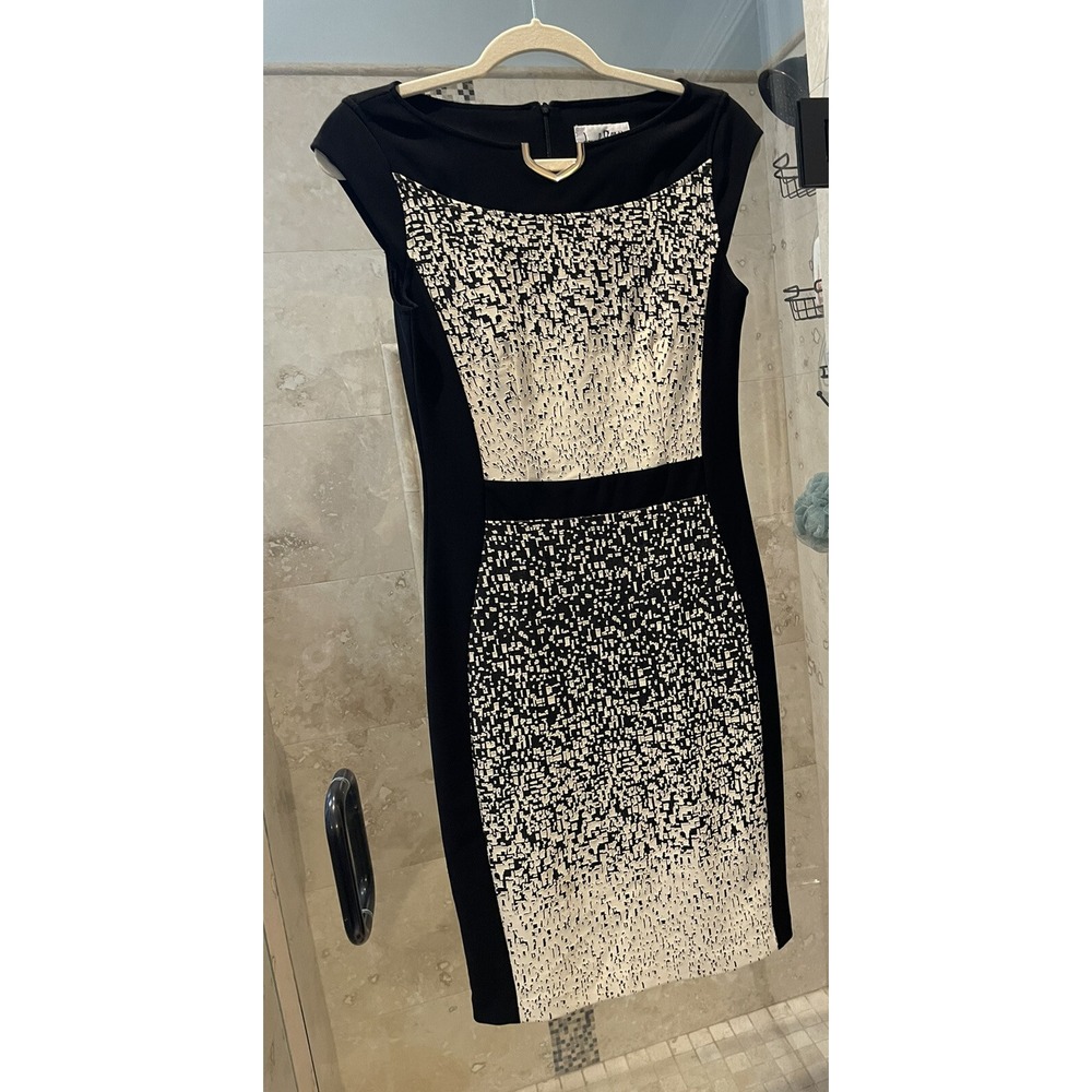 Joseph Ribkoff Black Tan Colorblock Slimming Pencil Dress Size 6 Sleeveless Midi